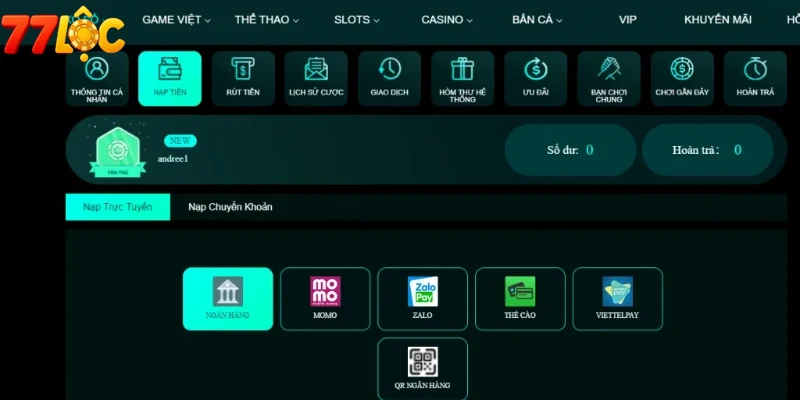 Giao diện nạp tiền 77loc thân thiện và trực quan
